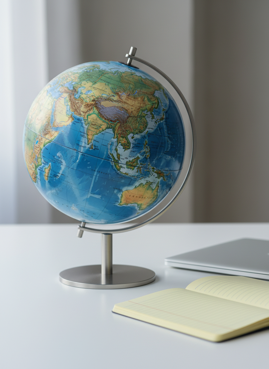 A polished, high-resolution terrestrial globe focused tightly on Asia and the Indo-Pacific, with coastlines and island chains rendered in crisp detail and subtle topographic relief. The globe sits on a minimalist brushed-steel stand atop a matte white desk, beside an open, blank legal pad and a thin, closed laptop. Cool natural light from the side creates a soft gradient across the globe’s surface, emphasizing ridges and ocean depths while casting a calm shadow behind. Shot at eye level with shallow depth of field, the background fades into a gentle blur of neutral tones. The atmosphere is thoughtful and strategic, with photographic realism and a professional, policy-focused mood.