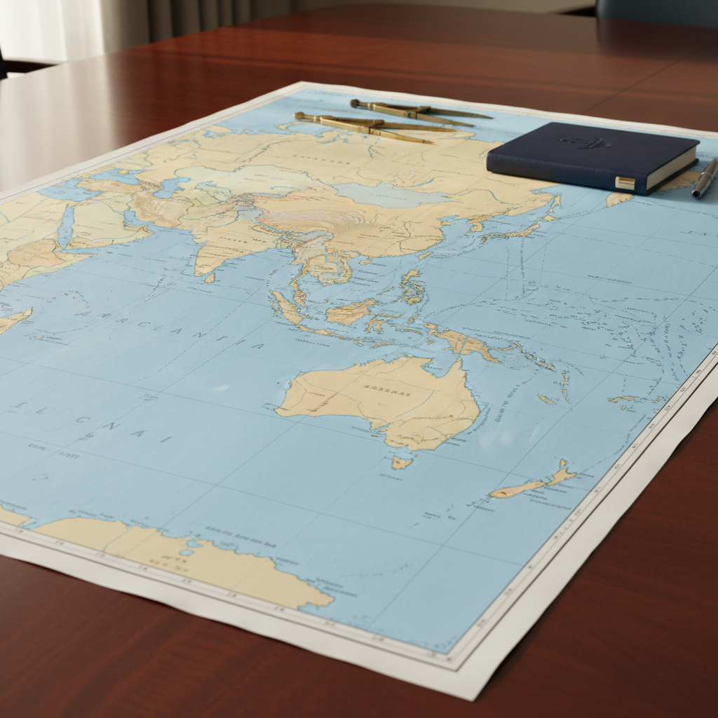 A large, meticulously detailed nautical chart of the Indo-Pacific region spread across a smooth, dark wooden conference table, with clearly marked sea lanes, exclusive economic zones, and archipelagic boundaries in muted blues and soft grays. Metal dividers, a navy-blue notebook, and a sleek silver pen rest neatly along the map’s edge. Soft, diffused daylight from an unseen window washes over the scene, creating gentle highlights on the glossy paper and subtle shadows along the tools. Captured from a slightly elevated angle with sharp focus throughout, the mood is analytical and professional. Photographic realism with a clean, modern aesthetic underscores themes of maritime governance and strategic research.