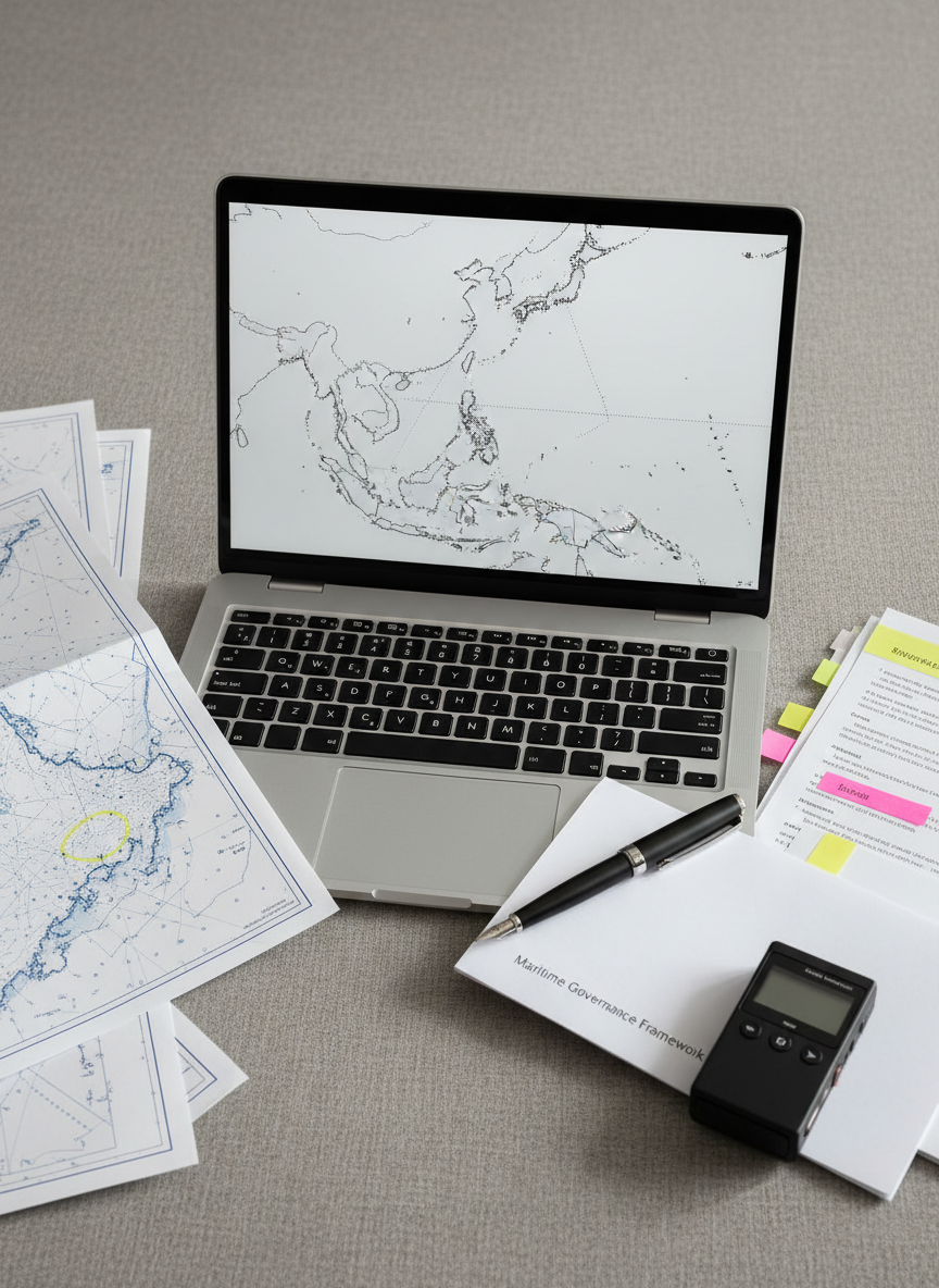 A close-up, overhead photographic composition of a modern research workspace: a slim, silver laptop displaying a simplified, monochrome map of the Indo-Pacific coastline, surrounded by neatly arranged printed charts, highlighted briefing notes, and a compact digital recorder. A matte-black fountain pen rests diagonally across a document labeled “Maritime Governance Framework” in small, sharp text. Soft morning light from the upper left creates gentle shadows and faint reflections on the laptop trackpad, adding depth without clutter. The background is a neutral, textured gray desktop that keeps focus on the analytical tools. The mood is focused, disciplined, and evidence-based, with a clean, contemporary aesthetic aligned to professional policy research.