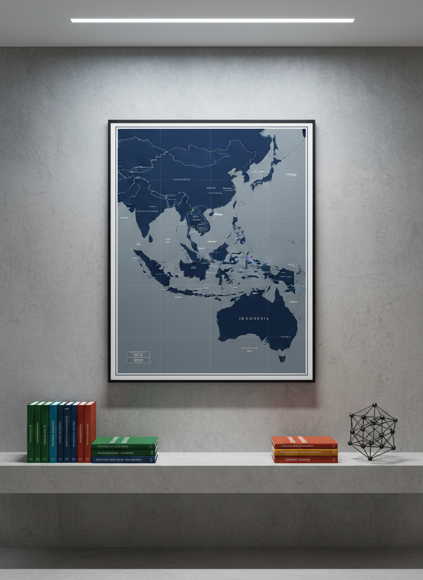 An elegant, large-format wall map of Southeast Asia and Indonesia printed on matte archival paper in deep navy, slate gray, and soft white tones, mounted in a thin black metal frame on a smooth concrete wall. Below it, a minimalist floating shelf holds neatly stacked policy reports with color-coded spines, and a single small, geometric metal sculpture suggesting interconnected nodes. Overhead, indirect LED lighting casts a uniform, cool glow, eliminating harsh shadows and emphasizing crisp cartographic detail. Captured straight-on with symmetrical framing and sharp focus, the image exudes clarity, rigor, and institutional professionalism in a photographic realism style suited to a research institute’s office.