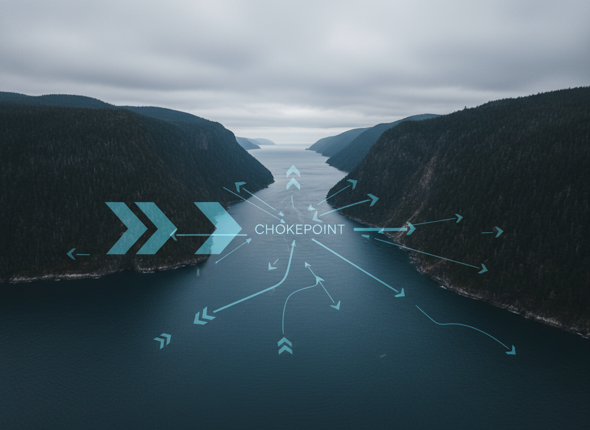 A dramatic, long-lens photographic view of a narrow strait framed only by natural elements: steep, dark green headlands on either side and a deep, steel-blue sea channel running between them, subtly overlaid with semi-transparent vector arrows indicating strategic chokepoints and shipping directions. The sky is overcast, providing soft, diffused light that flattens harsh contrasts and enhances the seriousness of the scene. Shot from a distant elevated vantage, the composition emphasizes the constrained passage, with the channel centered and converging toward the background. The mood is sober and analytical, highlighting regional security and maritime strategy through realistic imagery with understated data visualization.