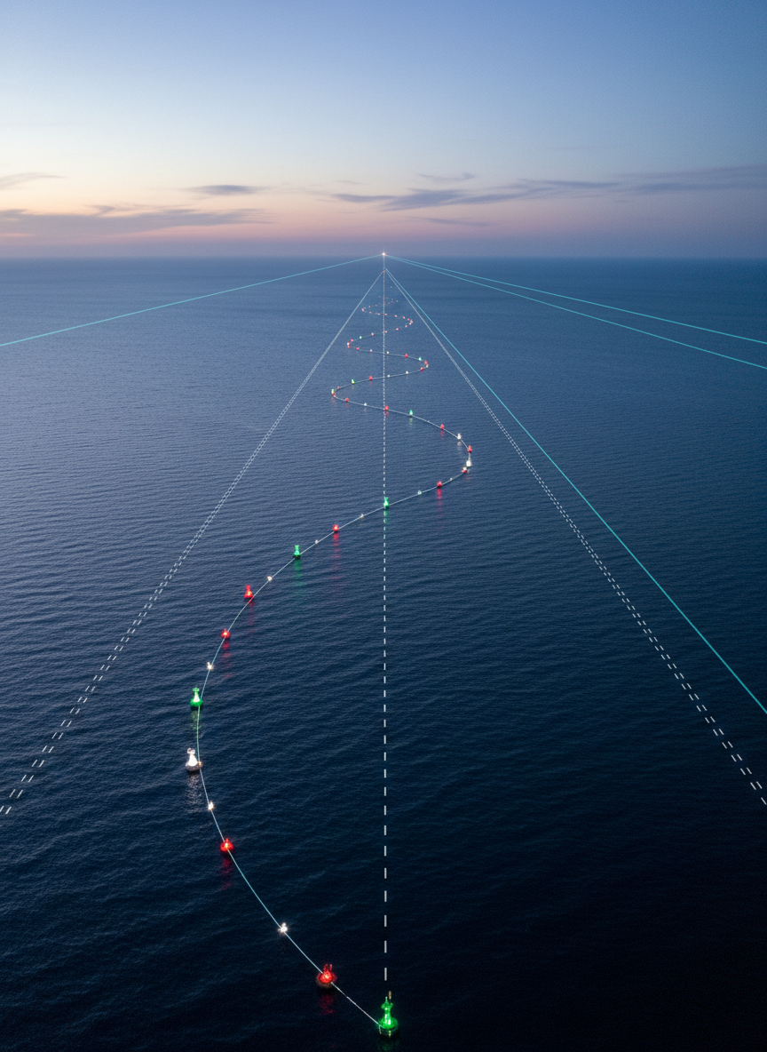 A wide, photographic view of a major Indo-Pacific shipping lane at dusk, seen from a high, abstract vantage point that excludes any vessels yet clearly shows illuminated sea buoys and navigational markers forming distinct pathways across deep blue water. Thin dotted lines and semi-transparent overlays of white and cyan indicate maritime borders and traffic corridors, subtly integrated into the photograph. The sky glows with the last cool light of day, reflecting as soft streaks on the water’s surface. The composition uses the rule of thirds, with converging lines leading toward a distant horizon. The mood is calm yet analytical, conveying strategic complexity through a clean, modern documentary style.