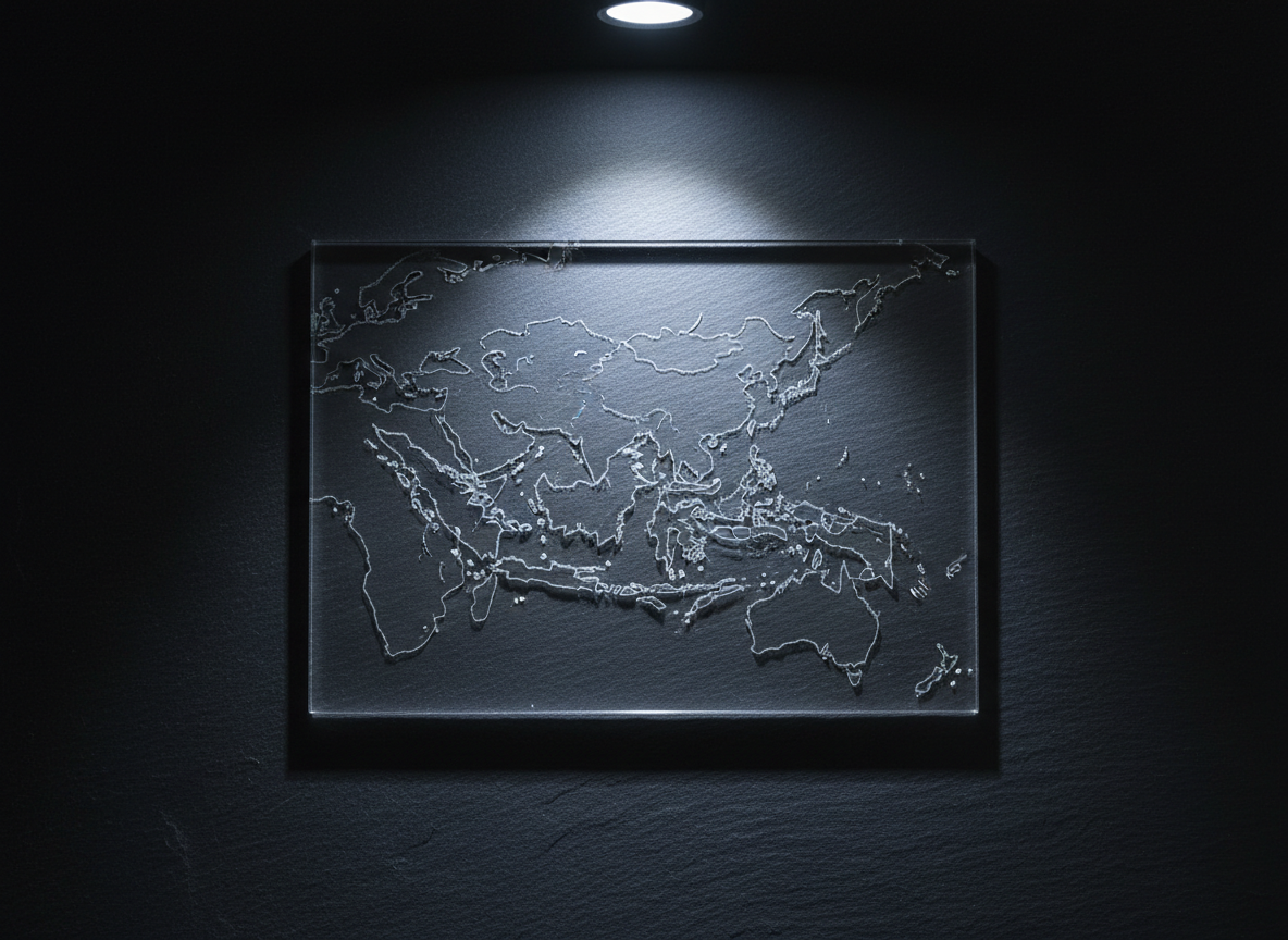 A minimalist, photographic top-down view of a transparent acrylic board resting on a dark slate surface, etched with a simplified, abstract line map of the Indo-Pacific and Asia. Thin, precise engravings trace key sea routes and regional boundaries, catching light along their edges. A single, cool-white spotlight from above creates sharp, clean highlights on the clear material and crisp, controlled shadows underneath, giving the map a floating, three-dimensional effect. The composition is centered with ample negative space around the board, evoking clarity and focus. The atmosphere is modern, high-tech, and analytical, perfectly aligned with a forward-looking policy research institute.